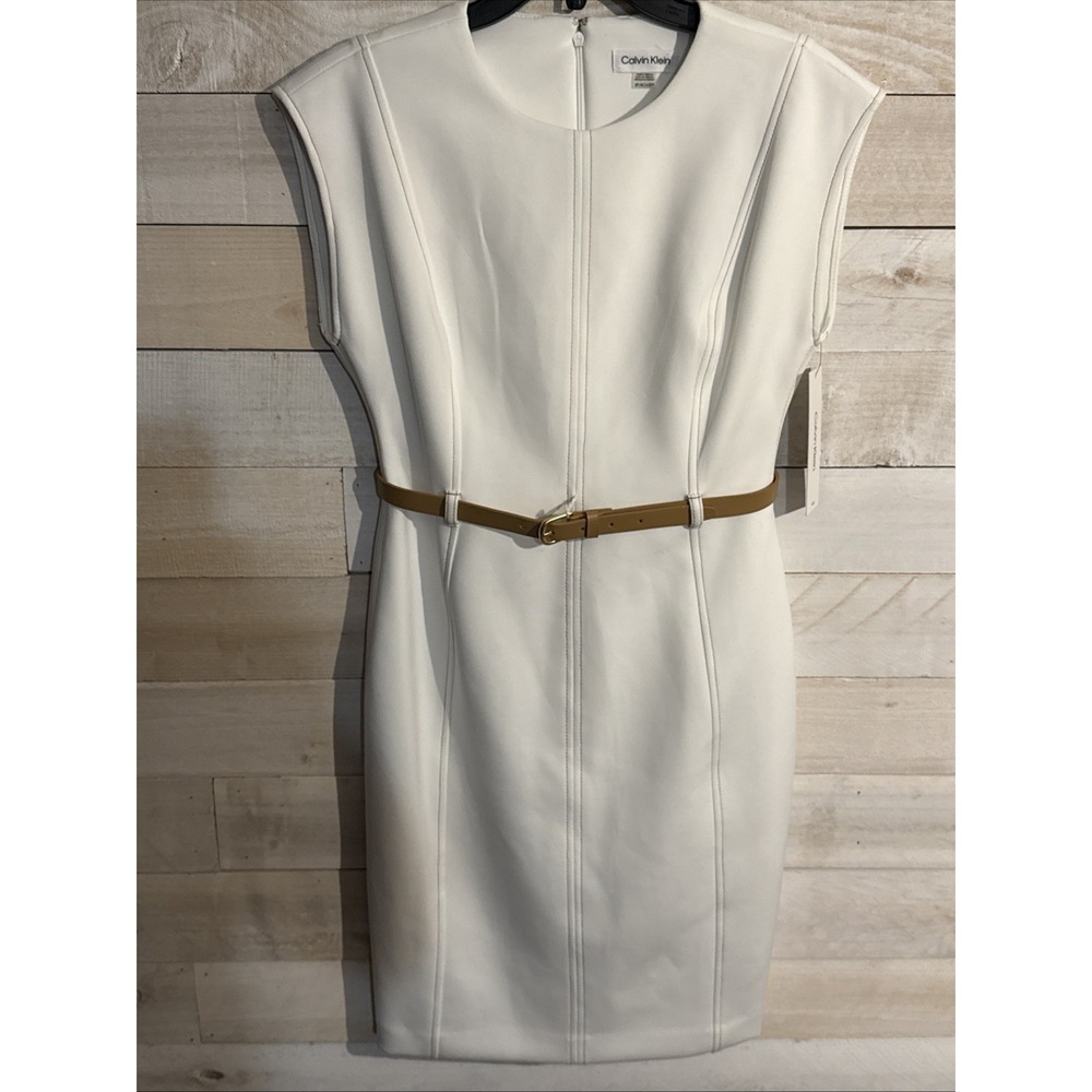 CALVIN KLEIN BELTED CAP SLEEVE SCUBA SHEATH DRESS WHITE TAN BELT SIZE 8P NWT